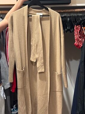 Aritzia Long Open-Front Cardigan in Camel